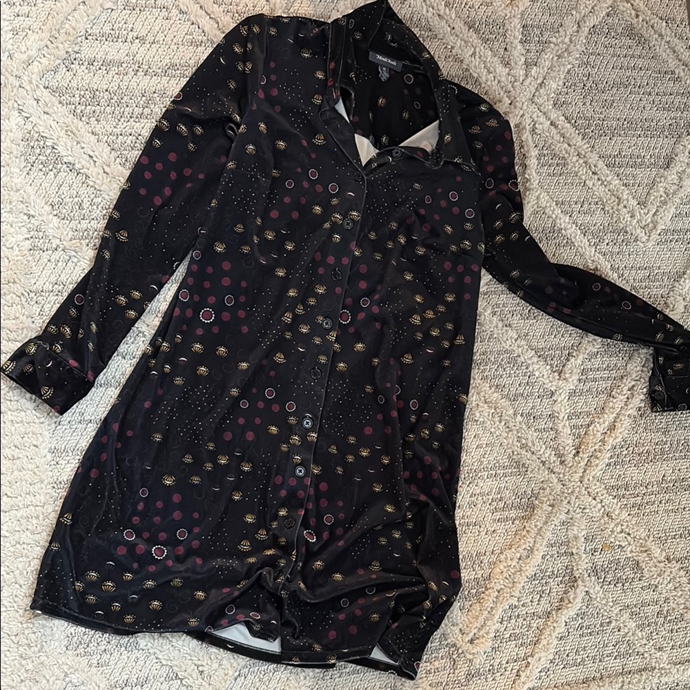 Black Velvet Button-Up Shirt Dress with Mustard and Burgundy Flowers